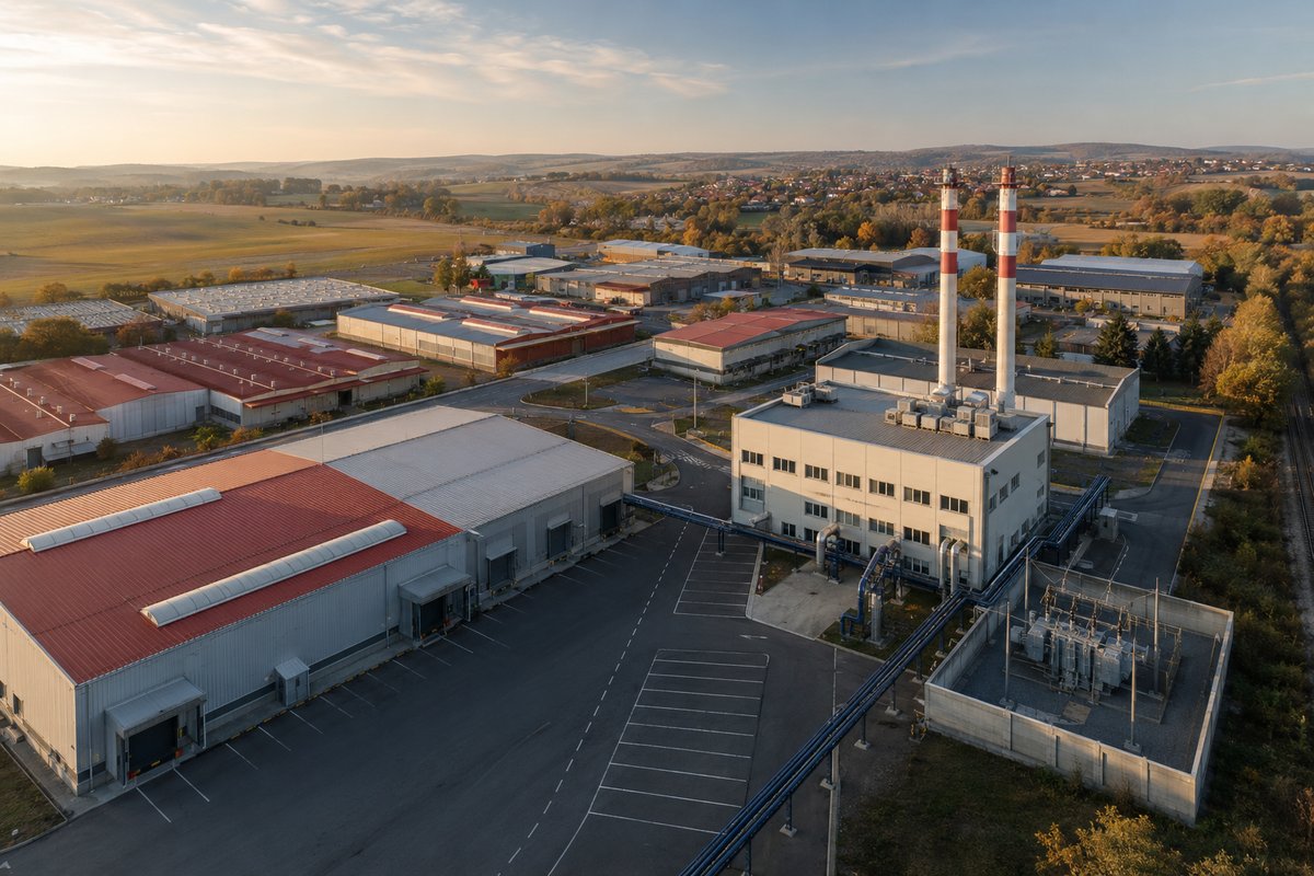 Energocentrum v rámci průmyslového areálu — letecký pohled na CHP zdroj a navazující výrobní haly